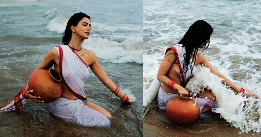 Manasvi Mamgai Sexy Pictures in Transparent Saree without bra